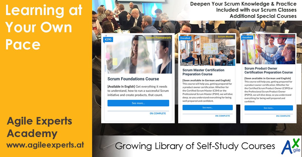 AgileExperts's tweet image. As we are growing our #AgileExperts #Academy we just published our first #SelfStudy #Scrum courses. And many more are in the making. #CSM #CSPO #PSM #PSPO