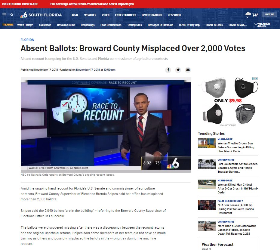 [15] Florida's Broward County Misplaces Over 2,000 Votes from conservative districts.Election Cycle: 2018 Midterm Elections, part 1 of 3.Qui Bono: DemocratsState: Florida http://nbcmiami.com/news/local/absent-ballots-broward-county-misplaced-over-2000-votes/166958/