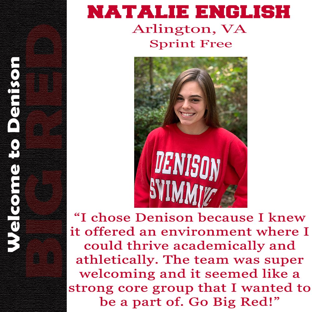 DenisonSwimDive's tweet photo. Welcome, Natalie English!
📍Arlington, VA
🏊‍♀️ Sprint Free
#GoBigRed https://t.co/qmzLNbn6vT