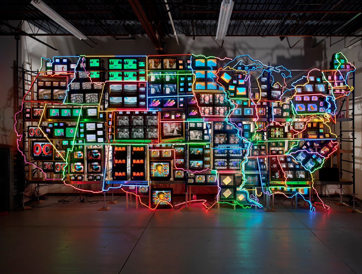  #SEUNGRINam June Paik’s “Electric Superhighway”- ‘Diverse nation through media technology.’ What he saw in the US & what he wishes for the future. Bright, multi-cultural; inclusive ; detailed. Read more: https://www.google.com/amp/s/publicdelivery.org/nam-june-paik-electronic-superhighway/amp/