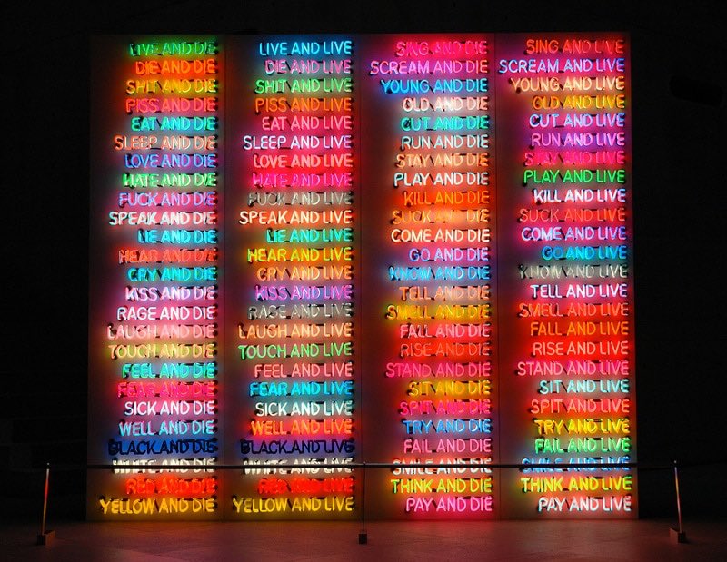  #SEUNGRIBruce Nauman’s “Life Death+Love Hate+100 Live & Die”- Ranges of emotions & phrases flicker colors. Dichotomies. A depressing turn of events, but in a way, reality. Not invented,simply put as art. Is there more to life than this?Read more: https://bombmagazine.org/articles/the-spirit-and-the-damage-done-on-bruce-naumans-100-live-and-die/