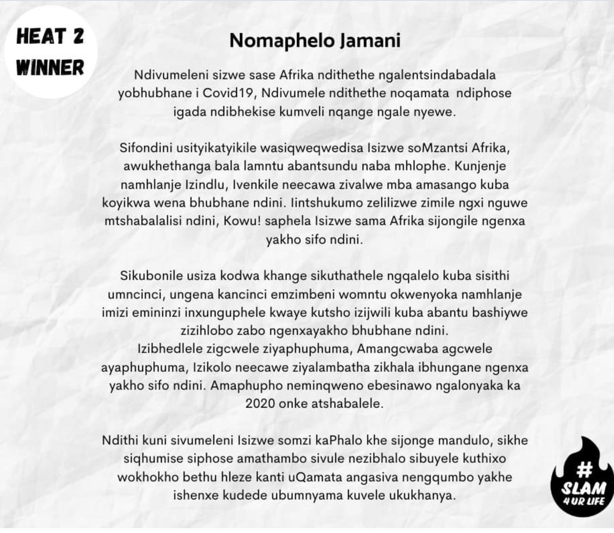 slam4urlife's tweet photo. We wish to congratulate these three talented winners in the text based category #Slam4urlife 🔥 #Covid19 #CreativeSlam #COVID19INSA #covidslam 🔥 #heat2 https://t.co/2hqDpcDY5B