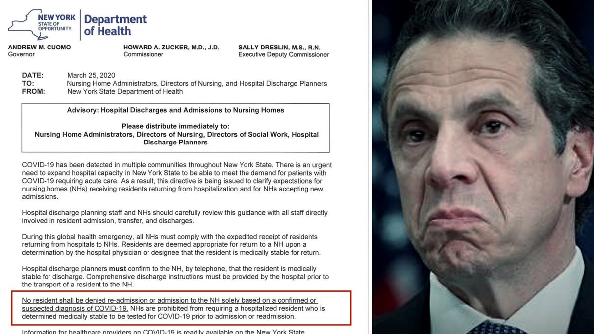 Timeline of  @NYGovCuomo’s reckless orders that led to the deaths of 5000 NY’ers in nursing homes.March 25, 2020:NYS directive to nursing homes: “No resident shall be denied re-admission or admission to the NH solely based on a confirmed or suspected diagnosis of COVID-19.“