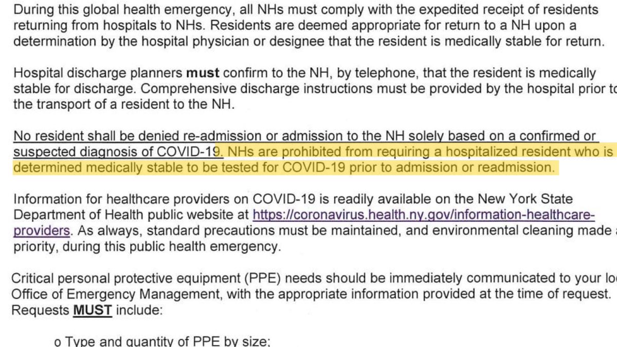 In addition to forcing nursing homes to admit infected patients, the order also prohibited homes from testing patients prior to admission. The document has now been removed from the NYS Health department website  https://coronavirus.health.ny.gov/system/files/documents/2020/03/doh_covid19-_nhadmissionsreadmissions_-032520.pdf