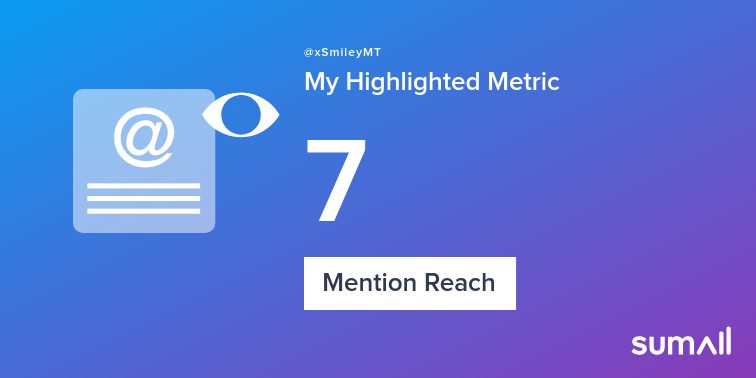 xSmileyMT's tweet image. My week on Twitter 🎉: 2 Mentions, 7 Mention Reach, 2 Likes, 1 Reply. See yours with sumall.com/performancetwe…