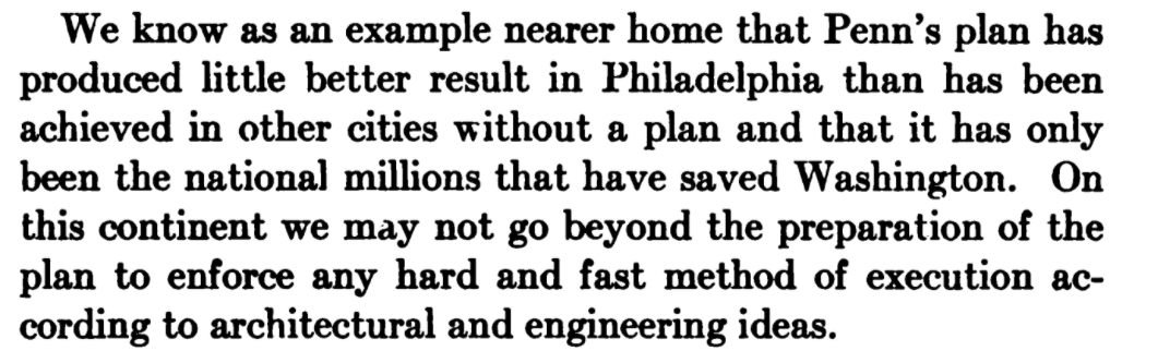 Absolutely vicious to the Philadelphia and DC plans here, "little better" than cities "without a plan". Adams argues that government spending is the only reason that DC works at all (I think he might be right here)