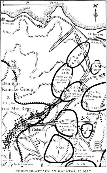 25. Mai 1941, 20 Uhr -  #Galatas ist in deutscher Hand. Die Neuseeländer haben es aber geschafft, sich für einen  #Gegenangriff zu sammeln. Nach brutalstem Nahkampf - mit Bajonetten und Fäusten - müssen sich die Deutschen aus der Stadt zurückziehen. Dazu der folgende Thread   https://twitter.com/3468marsh/status/1157246520347025408