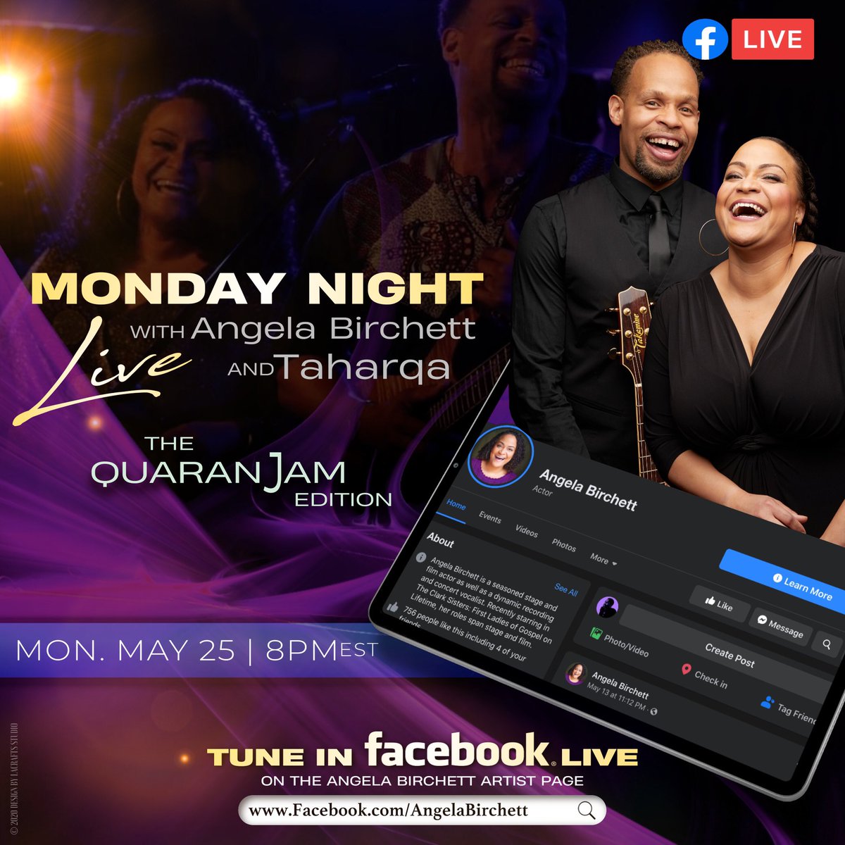 Tonite! 8pm! We’re going live for a QUARANJAM!!!! Go to my Facebook Artist Page (search: Angela Birchett) and click “LIVE” and your there! See ya then!
