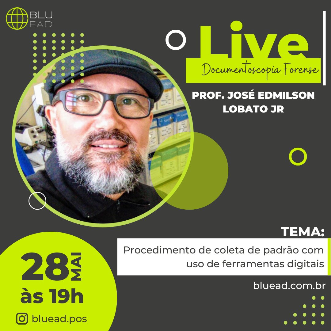 PosBluead's tweet image. A partir dessa semana iniciaremos uma série de LIVES com conteúdos selecionados com os professores da BluEAD. 

Tema: Procedimento de coleta de padrão com uso de ferramentas digitais, com o professor @edmilsonlobatojr 
#bluead #documentoscopiaforense #documentoscopia #forense