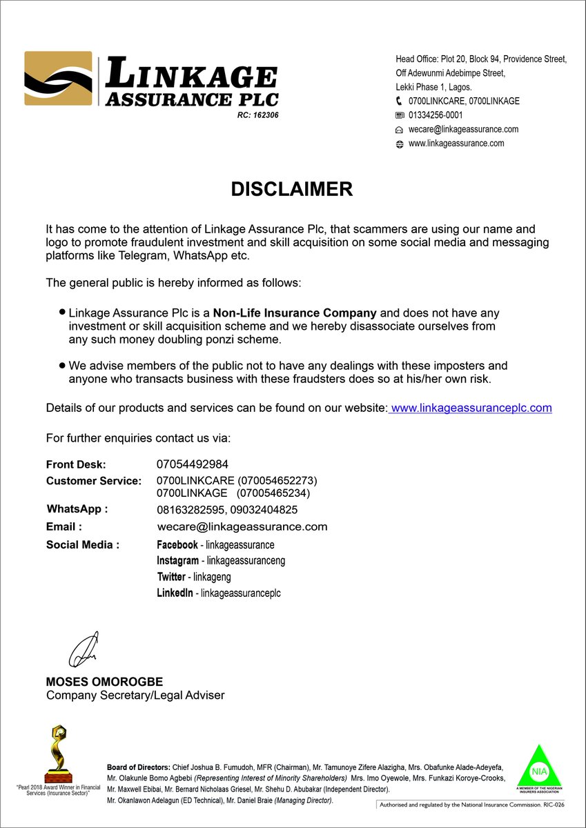 LinkageNg's tweet photo. DISCLAIMER!!!

This is to notify the general public that some scammers are using our name and logo to promote fraudulent investments and skills acquisition. https://t.co/hRfEMkmjm2