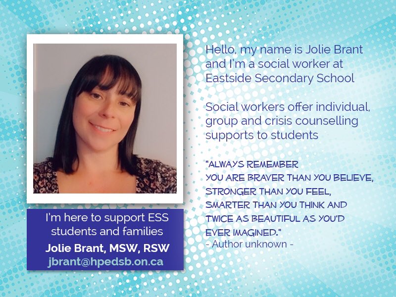 HPEschools's tweet photo. Meet Jolie, a social worker @eastside_ravens. Social workers offer individual, group and crisis counselling supports to students. Jolie is here to support Eastside Secondary School students and families. Connect with Jolie at jbrant@hpedsb.on.ca #HPEDSB_BeWell  #HPEfamstrong https://t.co/R9IP4ljV2J