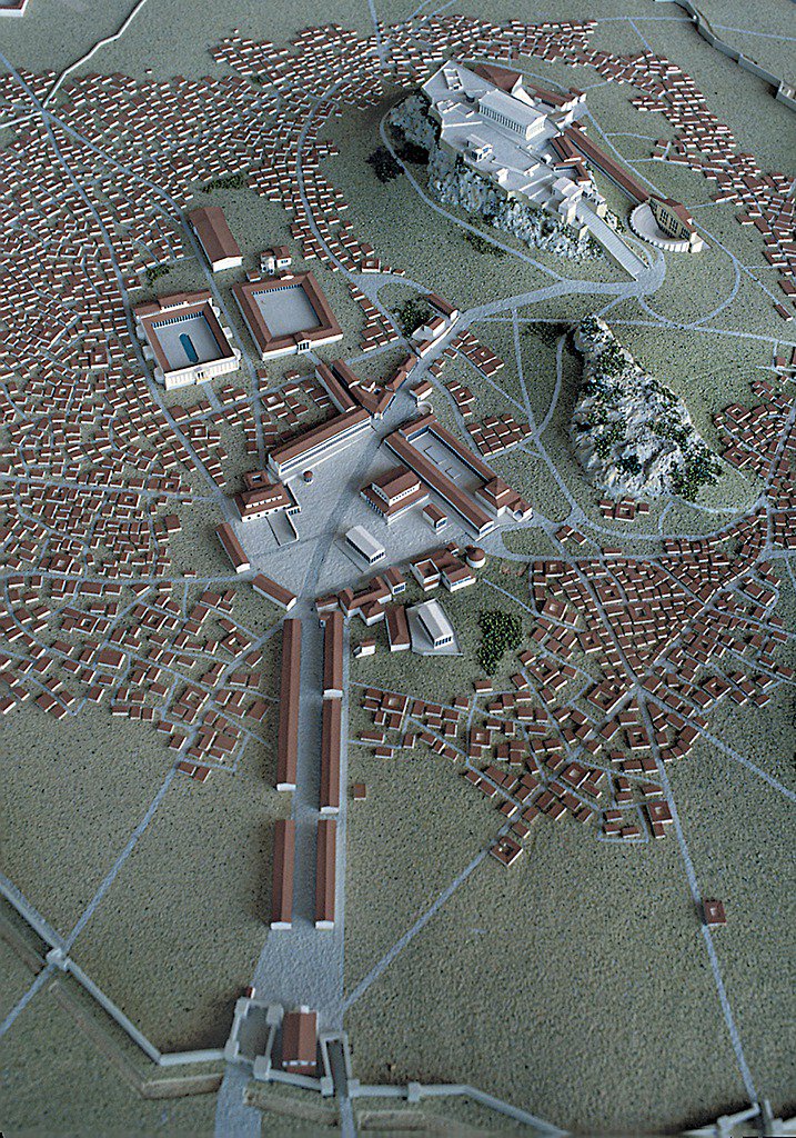 Model of the ancient Agora & NW Athens in the 2nd c. AD: along entire course of the Panathenaic Way from Dipylon Gate [bottom] to Acropolis [top] created in 1976 by The American School of Classical Studies in Athens.