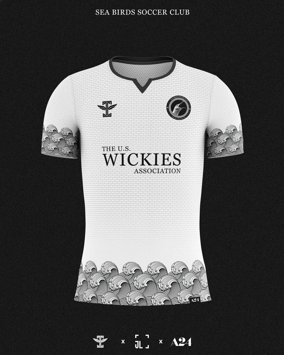 A24 films as football clubs: Sea Birds SC 2nd kit. An ode to the lighthouse beside the coastal stadium, this kit bears the name of club captain Thomas Wake. Best known for his impassioned speeches, Wake once shouted at a supposedly “lazy” teammate, “Let Neptune strike ye dead!”