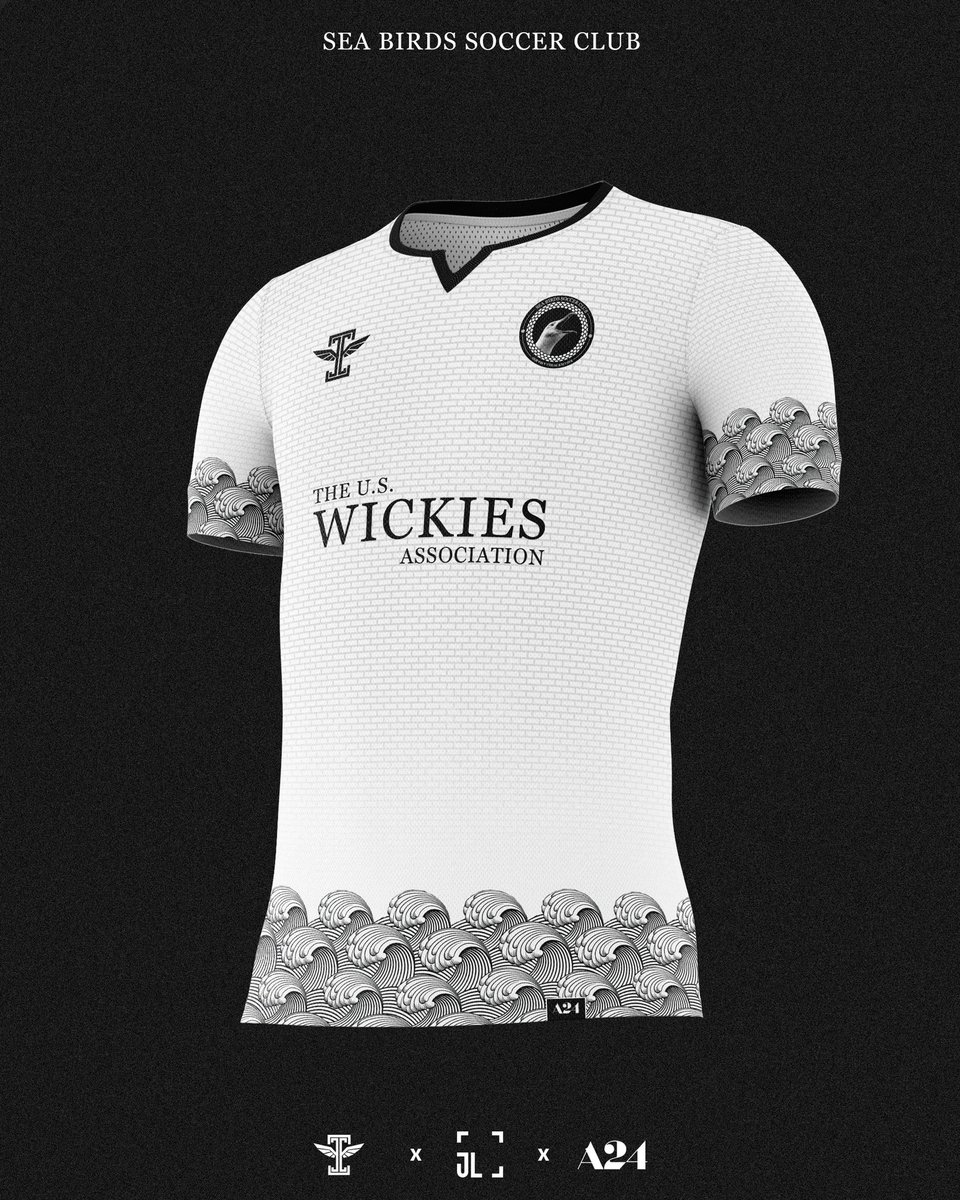A24 films as football clubs: Sea Birds SC 2nd kit. An ode to the lighthouse beside the coastal stadium, this kit bears the name of club captain Thomas Wake. Best known for his impassioned speeches, Wake once shouted at a supposedly “lazy” teammate, “Let Neptune strike ye dead!”