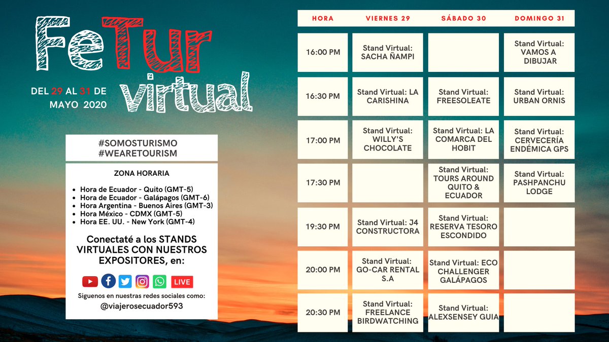 viajerosec593's tweet photo. 🇪🇨 1ra Feria Virtual de Turismo en ECUADOR junto a VIAJEROS ECUADOR. Se realizará del 29 al 31 de MAYO 100% ONLINE a través de nuestras Redes Sociales y Plataformas Virtuales!
APOYEMOS AL TURISMO y a nuestros participantes en sus Exposiciones Virtuales #SomosTurismo #WeAreToursim https://t.co/3ECuVb6SVB