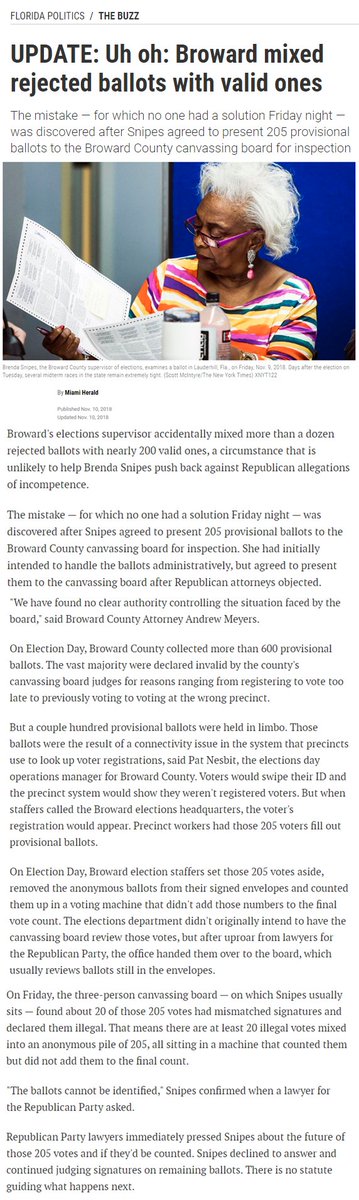 [17] Ruh-Roh! Florida's Broward County Mixes Known "GOOD" Votes with Known "BAD" Votes.Election Cycle: 2018 Midterm Elections, part 2 of 3.Qui Bono: DemocratsState: Florida https://www.tampabay.com/florida-politics/buzz/2018/11/10/uh-oh-broward-mixed-rejected-ballots-with-valid-ones/