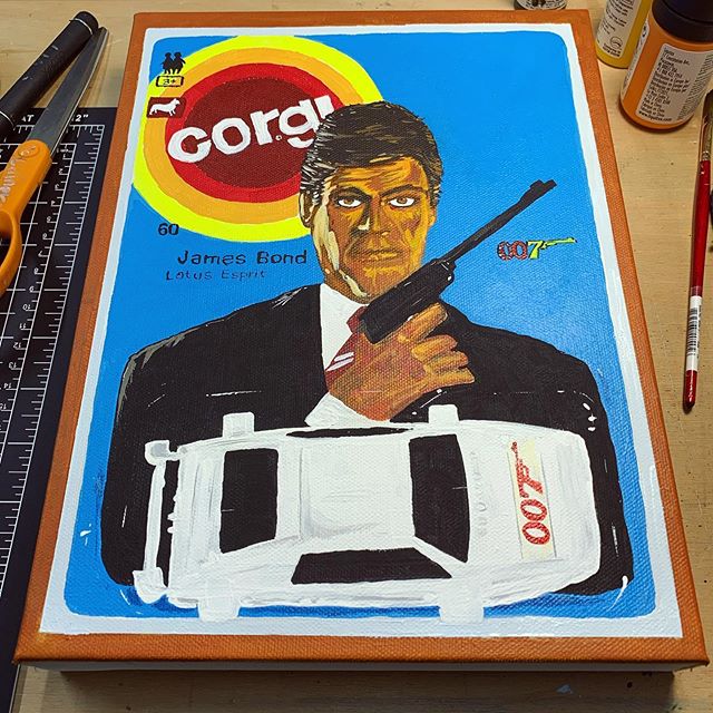 speedofmonsters's tweet photo. Corgi. “James Bond” Lotus Esprit. 
Acrylic on canvas.

I had this car long before I had ever seen a James Bond film. I loved the little fins and the  sleek, spaceship look of the car.

#jamesbond #007 #jamesbond007 #lotusesprit #thespywholovedme #corgi https://t.co/PtebKxedh1
