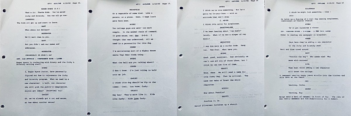 Joshstrangehill's tweet image. Remember the scene in the Poochie episode when the writers come up with him? 

Here's the very first version of it from David Cohen's delightful 4/19/96 Outline (with actual writers &amp;amp; directors names plus the introduction of the legendary Roy.)