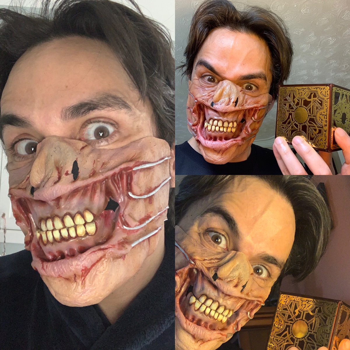 Mark_Meer's tweet photo. Just received my new Hellraiser-inspired mask cover from @RavenousEFX! Many thanks to my talented friend, Travis Shewchuk.

#hellraiser #mask #chatterer #cenobite #cenobites #wehavesuchsightstoshowyou #horror #horrorfan #clivebarker #😷 #everydayishalloween https://t.co/ZjYmLuyJDD