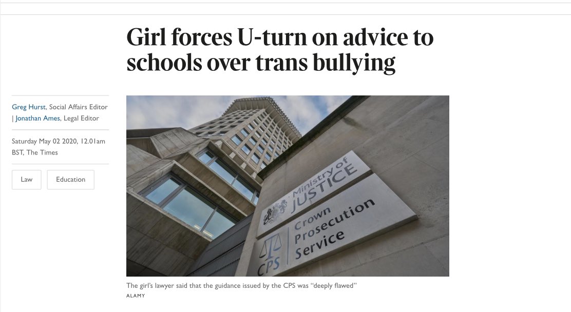 3. Judicial Review: Anonymous 15 year old girl vs Crown Prosecution Service - The Crown Prosecution Service has been forced to withdraw guidance to schools on transphobic bullying after a teenage girl threatened legal action. -  http://archive.is/WZ0nZ 