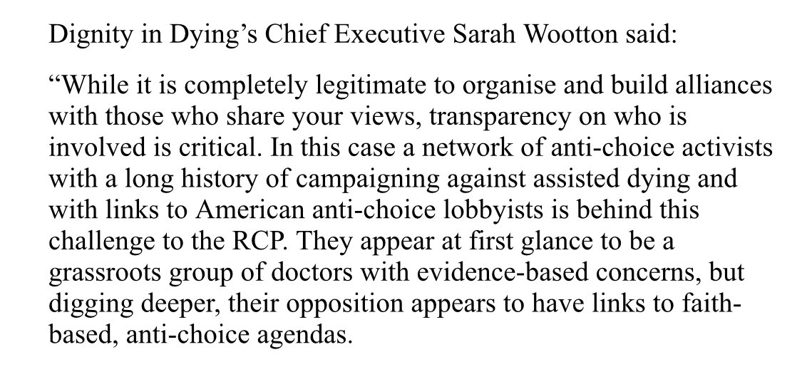 A statement from  @dignityindying Chief Executive, Sarah Wootton...“a network of anti-choice activists...with links to American anti-choice lobbyists is behind this...They appear to have links to faith-based, anti-choice agendas.”