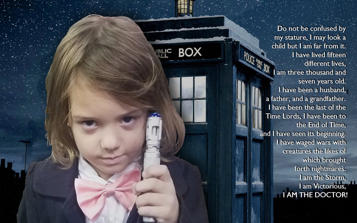 Jonsilver's tweet photo. I made this awhile back for my little daughter... We perform as an improv troup in called WhimeTimey... She plays the Doctor...

You have no idea how many people think this was a real pic for the next #DoctorWho It got me thinking.... hmmm... https://t.co/obTwwORjFu