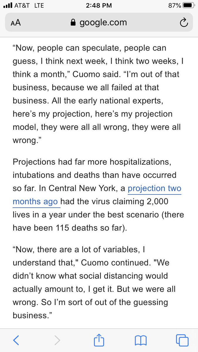 Wow. Somebody on Team Apocalypse finally said it. “All the early national experts, here’s my projection, here’s my projection model, they were all wrong, they were all wrong.” And that somebody was... @nygovcuomo. Was there truth serum in his coffee today? google.com/amp/s/www.syra…