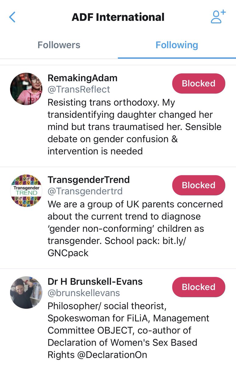 As an additional load of red flags, ADF International ( @ADFIntl) are following these noted UK anti-transgender accounts / individuals...