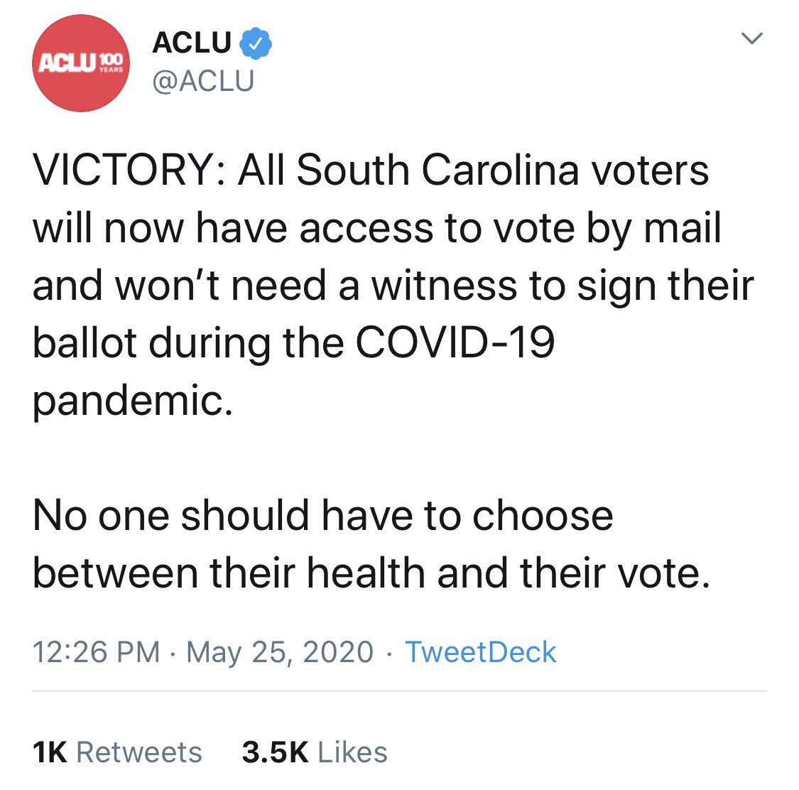 [21] ACLU Receives Stunning Victory Removing Vote By Mail Witnesses in South Carolina. https://twitter.com/ACLU/status/12649560000896368642020 Presidential ElectionQui Bono: DemocratsState: South Carolina