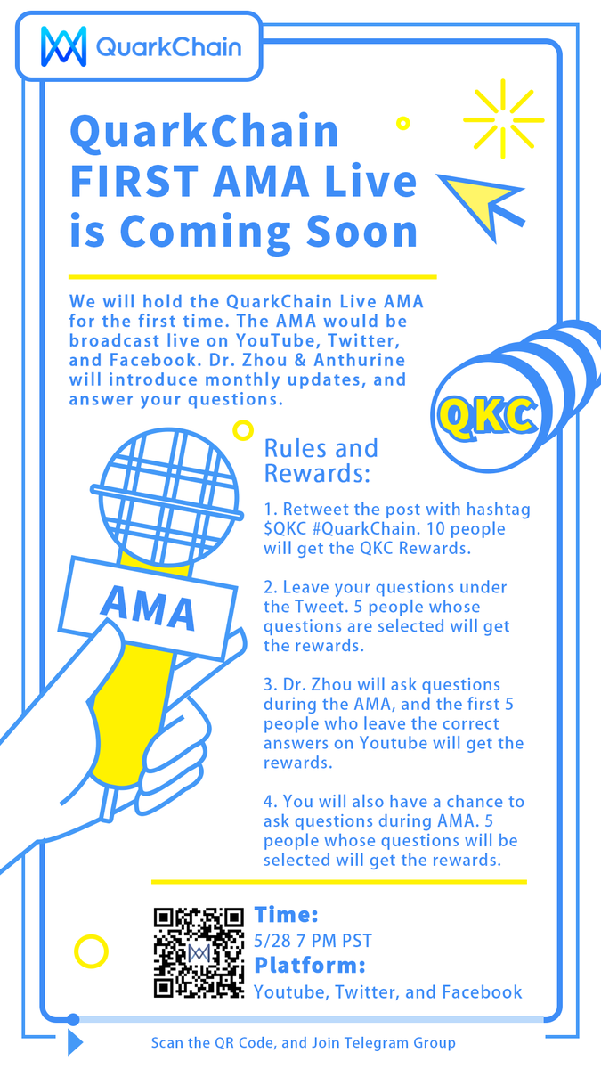 Quark_Chain's tweet photo. 🔜🔜 #QuarkChain FIRST LIVE AMA🔙🔙

AMA would be broadcast live on YouTube, Twitter, and Facebook. Dr. Zhou will answer your questions!

Time: 5/28 7PM PST

💰1: Retweet this post, 10 ppl will get $QKC rewards.
💰2: Leave questions under the Tweet. 5 ppl will get $QKC rewards. https://t.co/E5lMfPMxZ5