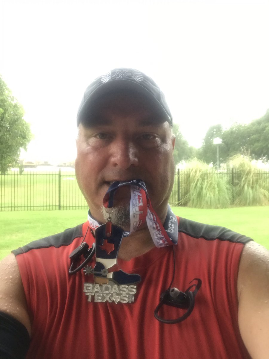 CoachRPorter's tweet photo. Rain made for slow time and storms cut half marathon to 10k. But all in all it was a good workout and I got a nice medal to show for it. #runprojectvirtual #badasstexas https://t.co/hL7JMl40Gi