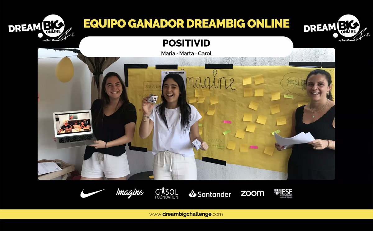 Lapsob's tweet photo. El gran ganador del #DreamBIGchallenge Online es ¡Positivid! ¡FELICIDADES EQUIPO!🙌Para cerrar esta competición, @paugasol felicita al equipo ganador y a todas las instituciones que han colaborado en esta gran competición online que ha roto fronteras y ha creado ¡grandes ideas!🌎 https://t.co/1clacx3GKh