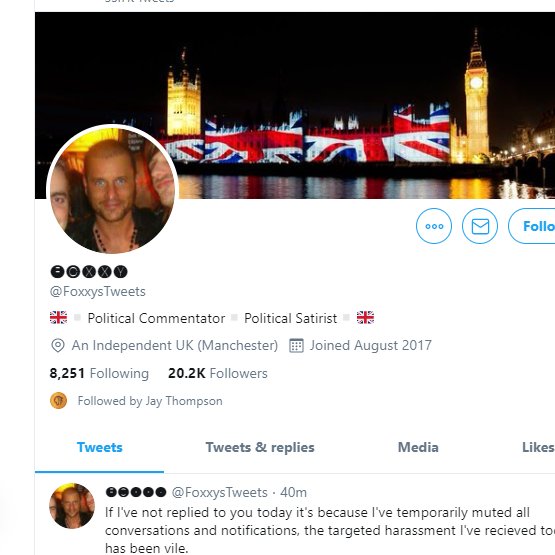 10/ Finally the most retweeted (anti media) accounts are  @trishaphillipss (who has just blocked me after telling me all the accounts are real), this tanned chap  @FoxxysTweets and  @SocialM85897394 - a social media account with a terrible handle. Anyway, safe to say "Scum Media"