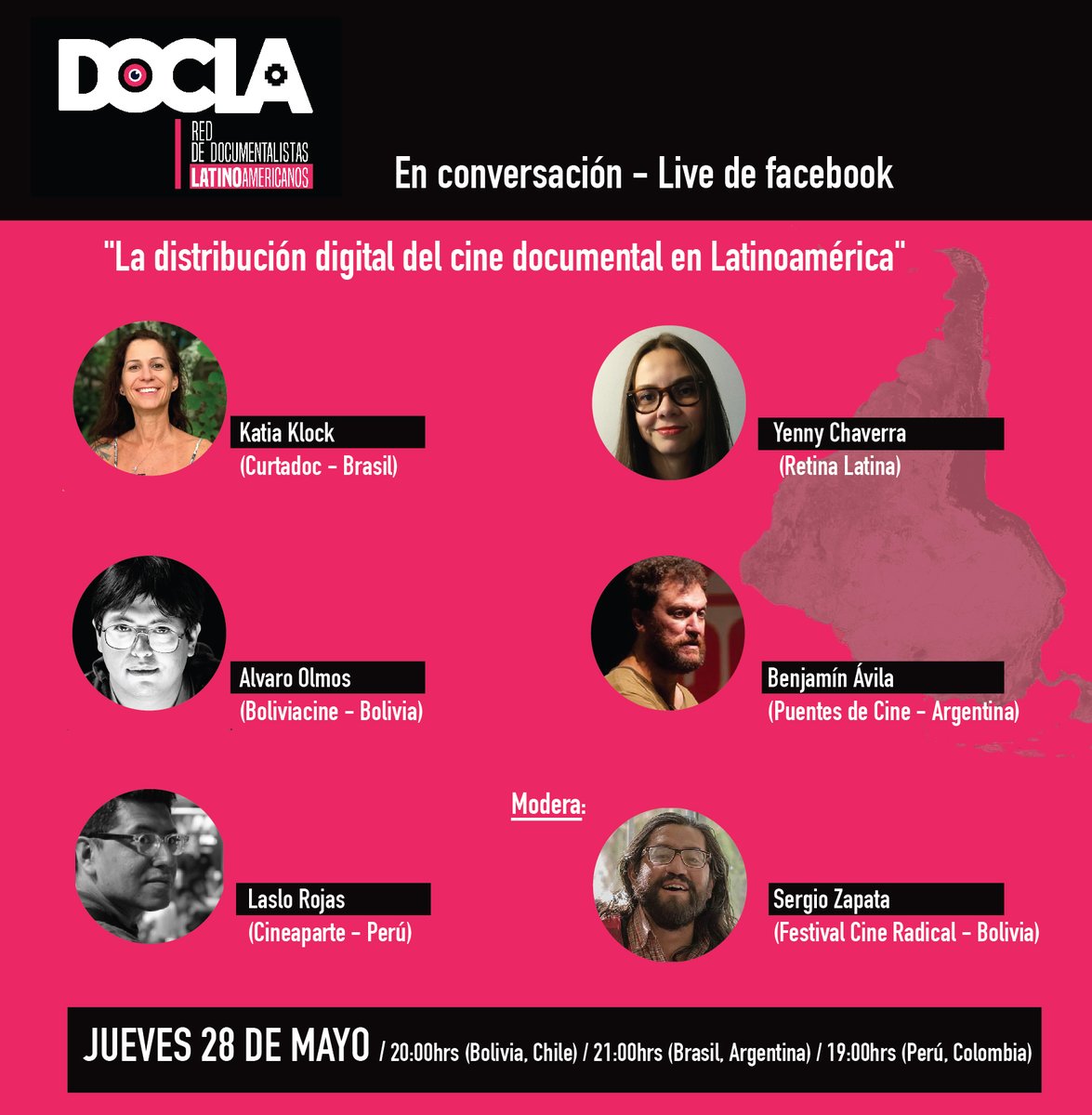 DOCLatinoamerik's tweet photo. DOCLA en conversación.
"La distribución digital del cine documental en Latinoamérica".

Lxs esperamxs este jueves 28 de mayo a las 20:00hrs (Bolivia, Chile) / 21:00hrs (Brasil, Argentina) / 19:00hrs (Perú, Colombia). Vía live de facebook DOCLA. https://t.co/fweg5SrO8B