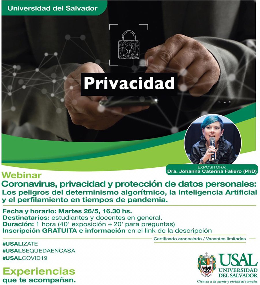 JoyCfTw's tweet photo. ▶️MAÑANA 16:30 hs!!! #webinar "#Coronavirus, #Privacidad y  #ProtecciónDeDatosPersonales: Los peligros del #DeterminismoAlgorítmico, la #InteligenciaArtificial y el #Perfilamiento en tiempos de #pandemia" @JoyCfTw
@USalvador

🔸️Inscripción gratuita:
https://t.co/SLonuWXIJe https://t.co/3F018Hqxhj