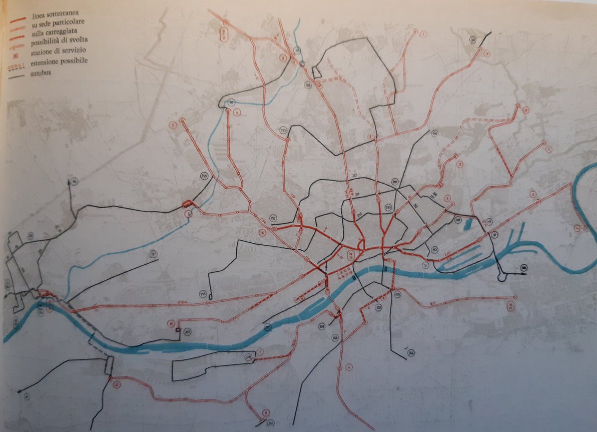 5/ The Pre-metro (Stadtbahn) option: 103.1 km, 21 km u/g (full red), short sections in mixed traffic (dotted) and the rest in dedicated RoW (street medians or suburban indipendent), a smaller complementary bus network (black lines).