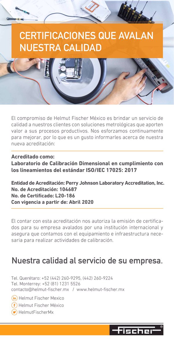 HelmutFischerMx's tweet image. El compromiso de Helmut Fischer México es brindar un servicio de calidad a nuestros clientes. Por lo que es un gusto informarles acerca de nuestra nueva acreditación. 

Nuestra calidad al servicio de su empresa. 

#MeasuringMadeEasy #HelmutFischer #Calidad #Acreditacion