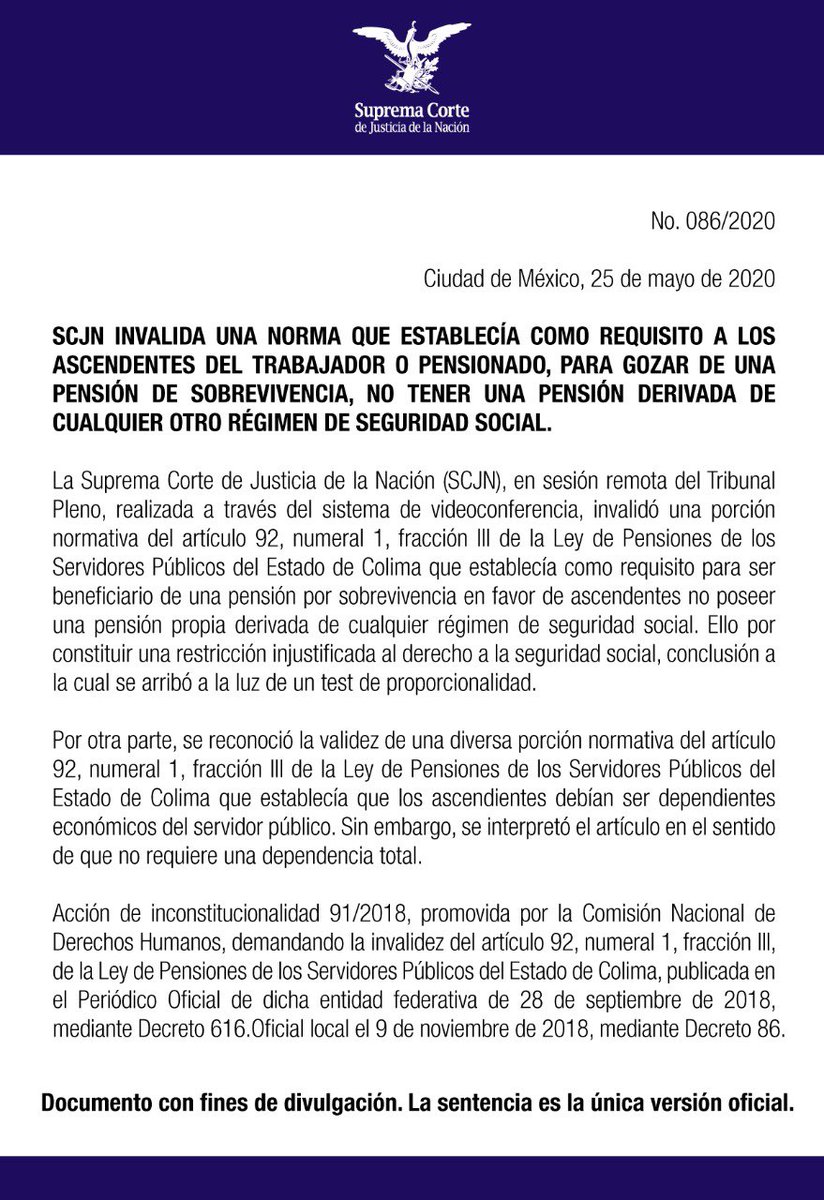 SCJN's tweet image. La Corte invalidó el requisito, para los ascendentes del trabajador o pensionado, de no tener una pensión propia derivada de cualquier otro régimen de seguridad social, para gozar de una pensión de sobrevivencia. Es una restricción injustificada al derecho a la seguridad social.