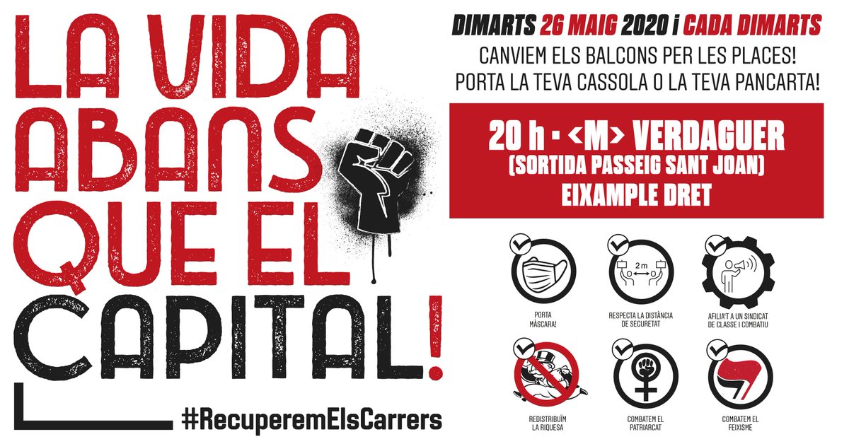 lacruilla's tweet photo. Dimarts 26 de maig (i cada dimarts) #RecuperemElsCarrers!
LA VIDA ABANS QUE EL CAPITAL!
⏰ 20h
📍<M> Verdaguer (Sortida Pg. St.Joan)
Porta la teva cassola o pancarta.
#SagradaFamília #FortPienc #DretaDeLEixample https://t.co/SiG14j9VyH