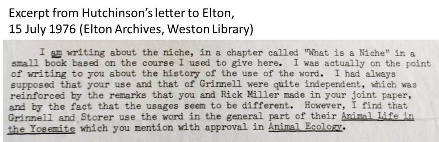There were dozens of letters in the archives and they were revealing. Dan and I consumed them voraciously. Here are some excerpts of Elton's correspondence with G. Evelyn Hutchinson about origins of the niche concept.