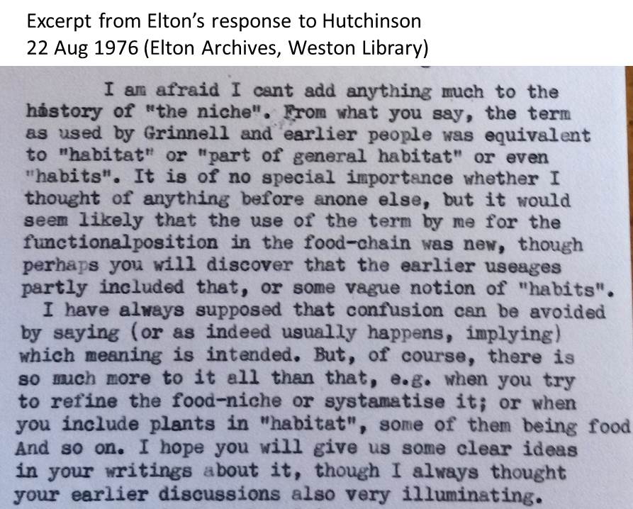 There were dozens of letters in the archives and they were revealing. Dan and I consumed them voraciously. Here are some excerpts of Elton's correspondence with G. Evelyn Hutchinson about origins of the niche concept.