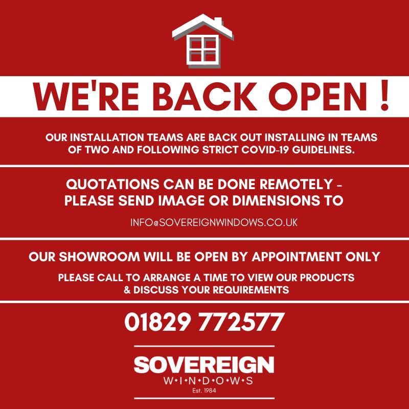 Sovereignwin's tweet photo. We’re back open!! #upvc #doubleglazing #compositedoors #solidor #residence7 #chester #cheshire #stayalert #staysafe #supportlocalbusiness https://t.co/fCweJYLpW5