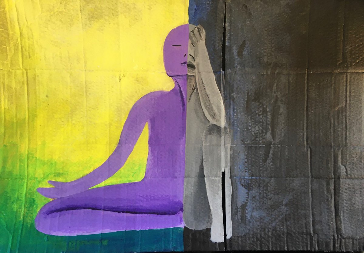 ‘Self, Isolated’by Kayleigh Ditchburn (Aged 32 / Birmingham)Acrylic paint on a cardboard box“Challenging the traditional idea of what a canvas looks like; you can use anything. Also advocating for mental health. This is my split self.”Instagram:  @kartworks