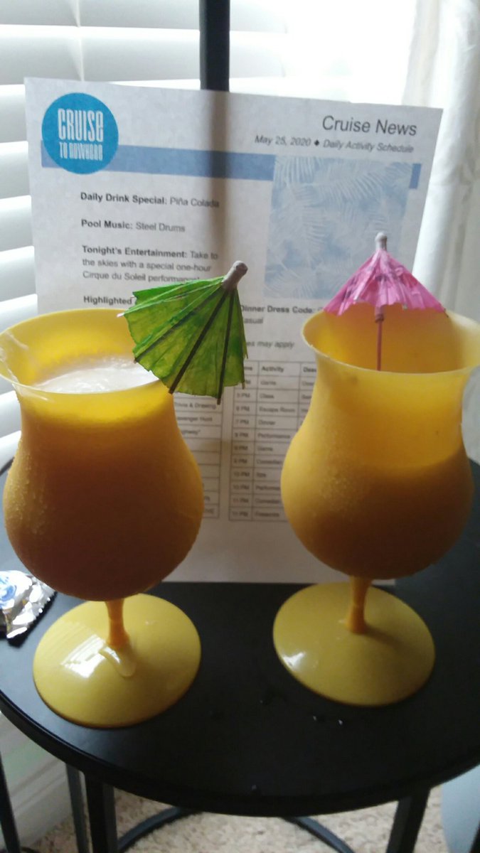 Cruise is underway! We were greeted by "cruise staff" at the door to welcome us with drinks & snacks. So far Mike won animal trivia, we watched Penguin Highway, and we took a lovely nap in our stateroom.  #cruisetonowherePictured: our daily cruise schedule and piña coladas!