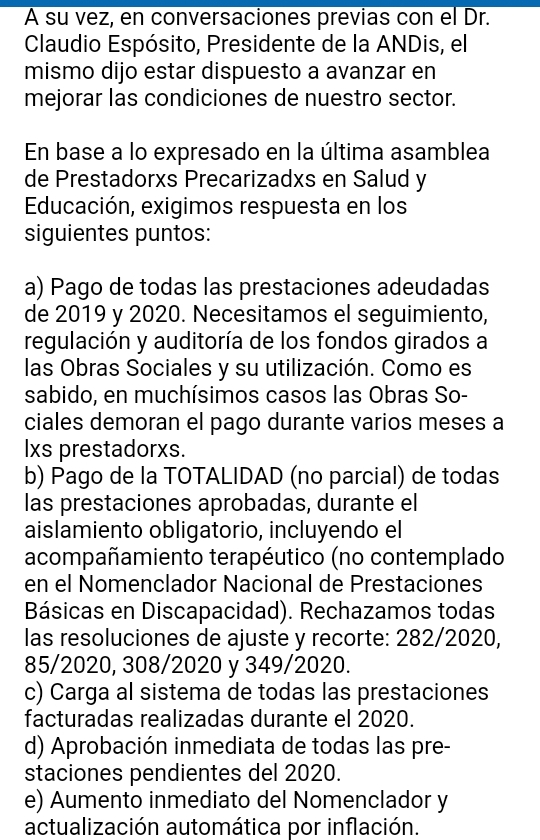 prestadorxs's tweet photo. Compartimos e-mail que enviamos el viernes 22 a las autoridades de la ANDIS, la Superintendencia de Servicios de Salud, y el Ministerio de Salud para solicitar una mesa de negociación, con los puntos que pedimos y que describimos en el mail. https://t.co/ToFLsqVpSt