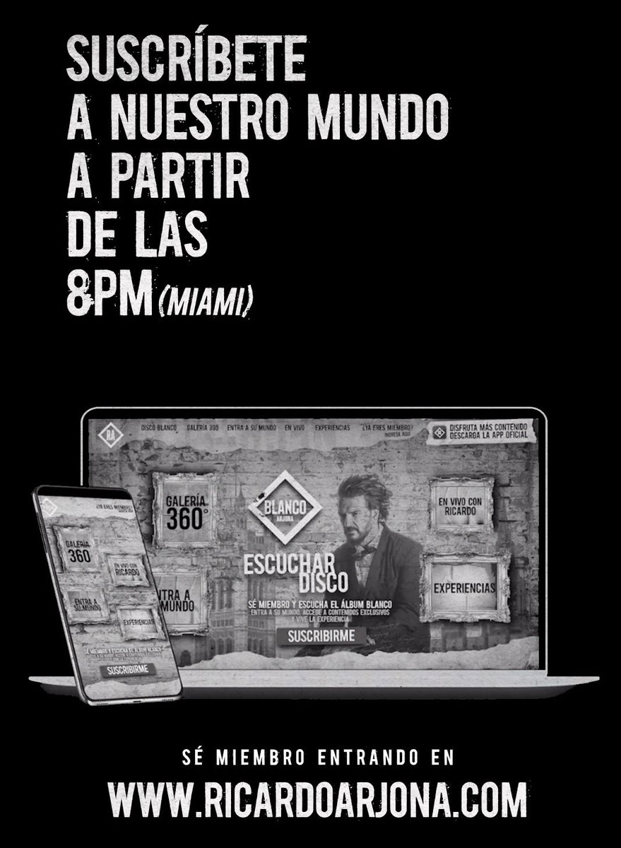 Suscríbete a nuestro mundo a partir de las 8pm(Miami). Sé miembro entrando en ricardoarjona.com /// ¿No quieres esperar?, descarga el App Oficial aquí 📲 onelink.to/66sa7a
(WT)