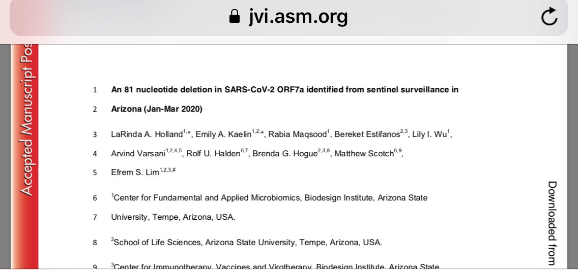 14- Le 1er mai, une seconde étude (que j’ai déjà tweetée), menée cette fois-ci en Arizona, a de son côté découvert une autre déperdition de matériel génétique viral, mais à un endroit différent, la séquence ORF7a.