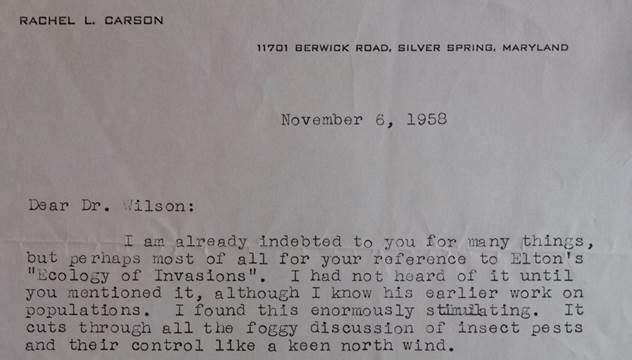 Elton's book (especially Chapter Eight, "The Reasons for Conservation") left an important impression on Rachel Carson - as she describes in this letter to E.O. Wilson. We made a point of including many such fascinating details in our annotations to the 2nd edition of EIAP.