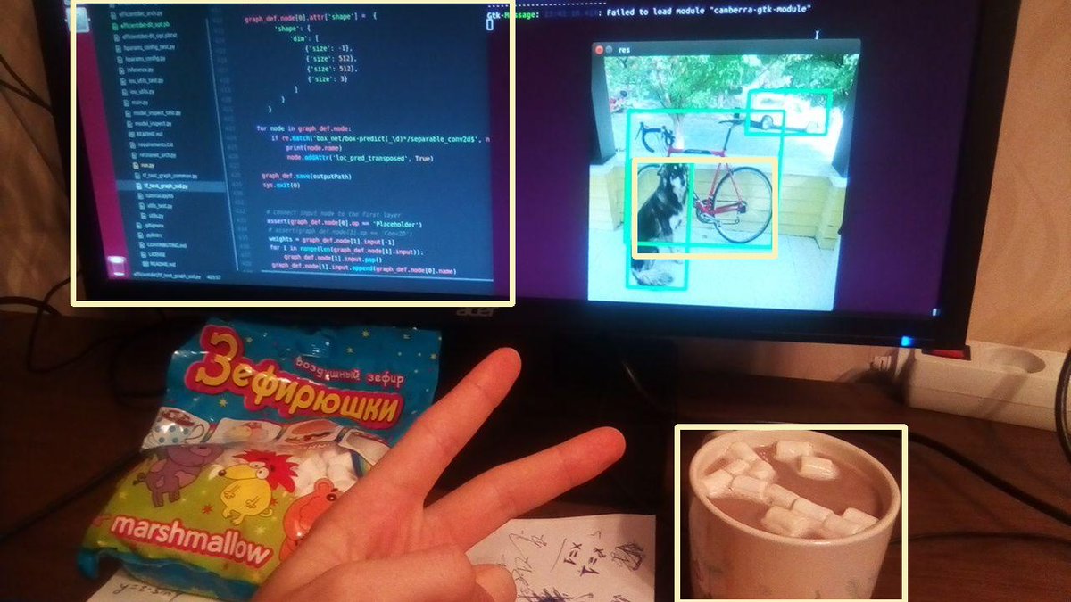 dkurtaev's tweet photo. First bounding boxes appeared from #OpenCV for #EfficientDet network right 10 minutes before midnight. Need some time to refactor this shipyard but not today. Wish you marshmallow dreams https://t.co/hrTYyuSjQV