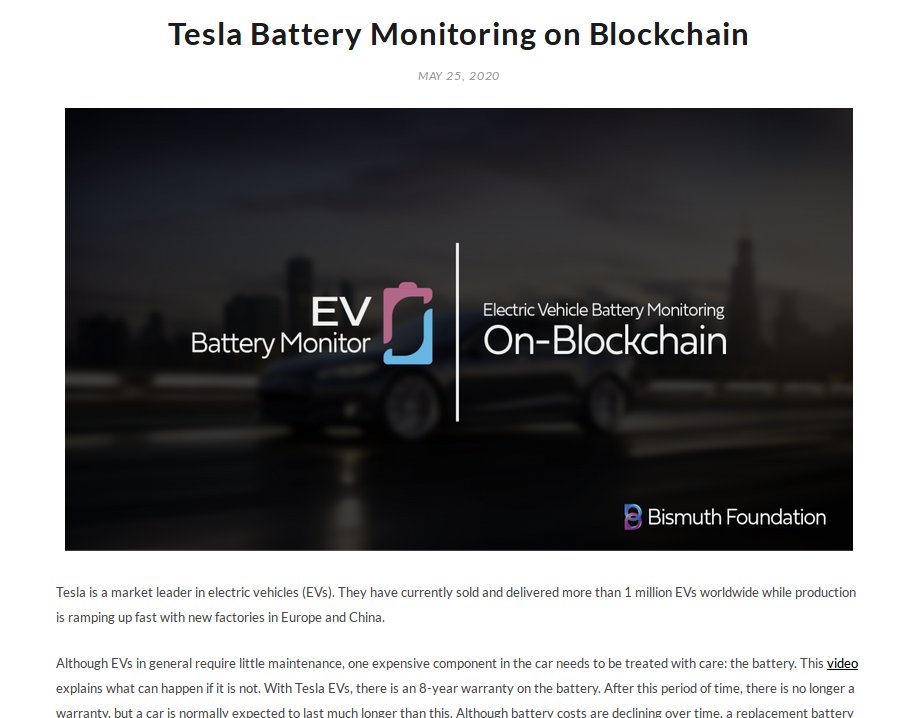 BismuthPlatform's tweet photo. A new game-changing use case for #Bismuth just has been published: Decentralized electric vehicle battery monitoring. 
Based upon state of the art research on battery life and backed up by an extension of our $BIS Tornado Wallet.
Read the full post at https://t.co/p4HJOCuxDW https://t.co/sJRZiSq23v